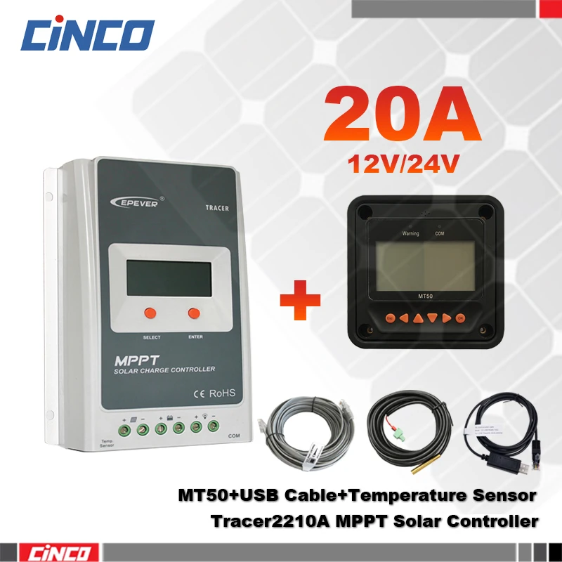 

Tracer2210AN 20A 12V/24 100V MPPT solar controller with MT50 remote meter and USB communication cable & temperature sensor