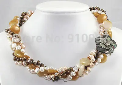 

ER476 >4Strands Akoya Cultured Pearl & topaz beads Necklace 18''