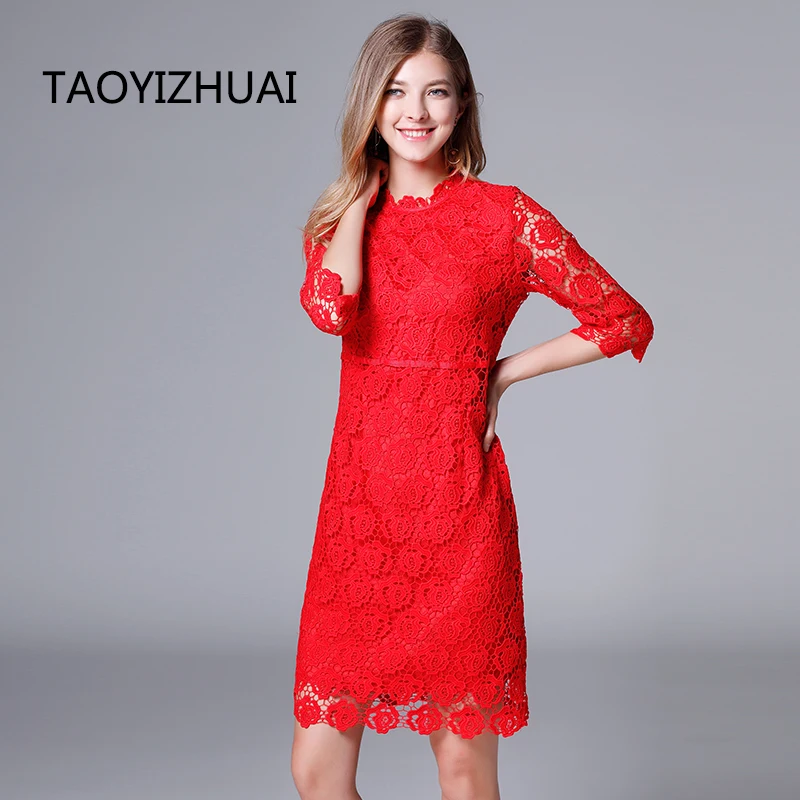 

TAOYIZHUAI 2019 New Arrival Spring Chinese Style Hollow Out Sashes Floral Plus Size 45-110kg Red Festival Women Dress 14126