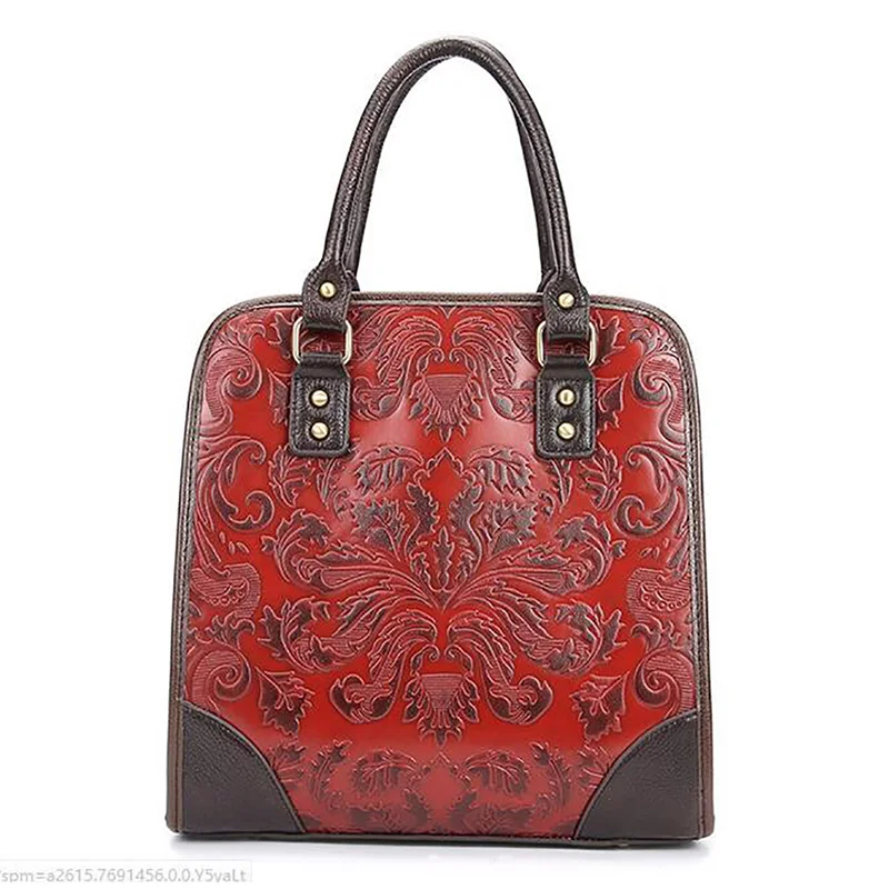 Натуральная кожа женская сумка через плечо винтажная натуральная кожа цветочный принт сумка через плечо Роскошная большая сумка-тоут - Цвет: Red