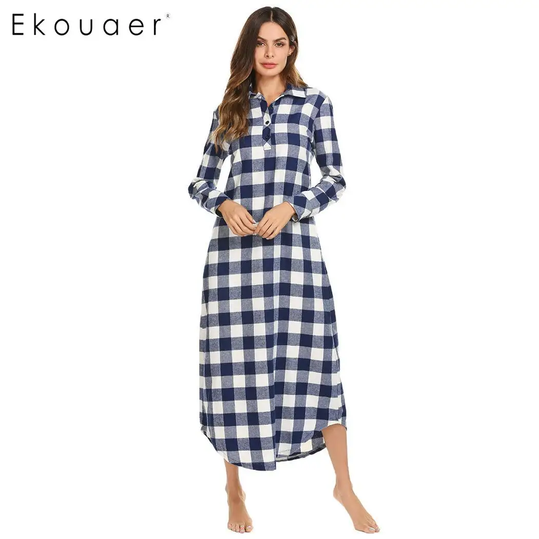 

Ekouaer Long Sleepshirts Nightgown Women Casual Long Sleeve Plaid Turn-down Collar Nightdress Sleepwear Female Nightwear Dress