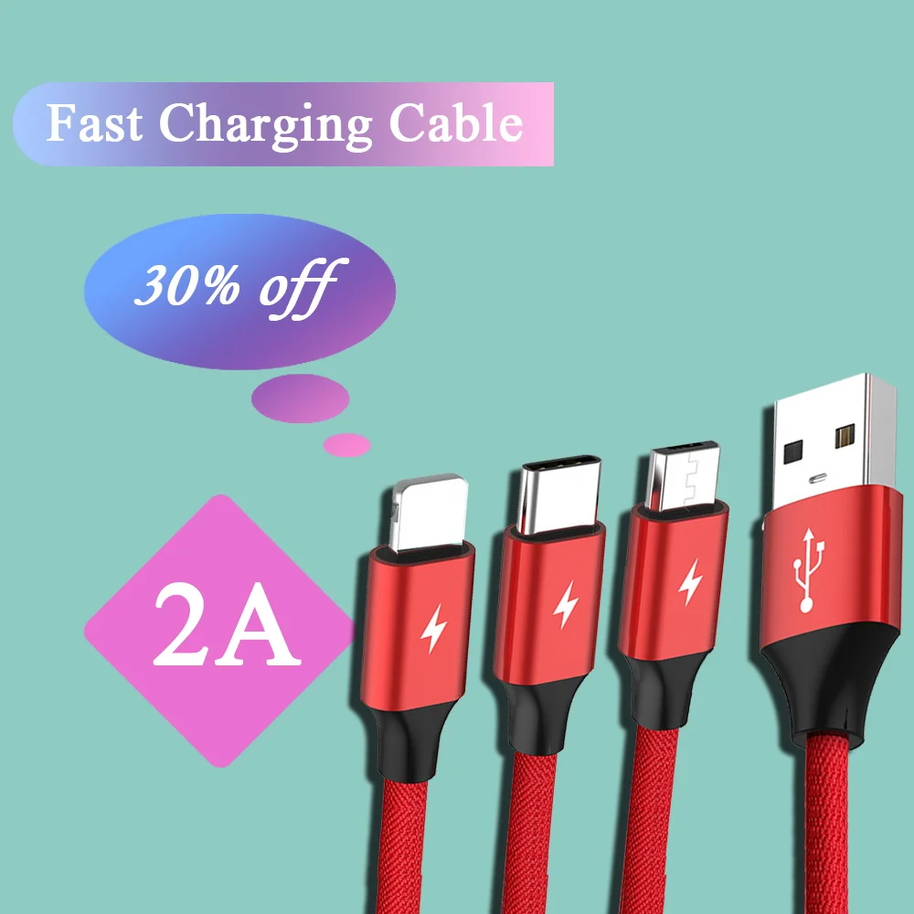 10 шт. 3 в 1 кабель для зарядки Micro USB Type C 8-контактный usb-кабель передачи данных 2 м