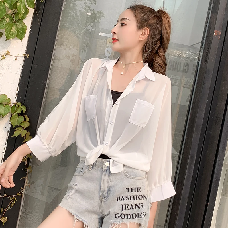 

Summer Women Cardigan Shirt Bat Long Sleeve Chiffon Thin Blouses with Pockets Loose female Tops Blouse 2019 New See-through Coat