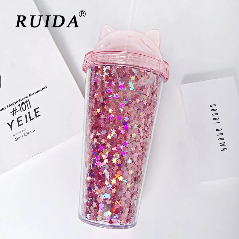 

Creative Plastic Water Bottle with Straw BPA Free Flash Cat Ear Double Drinking Bottle Drinkware Gift for Girls Drop shipping