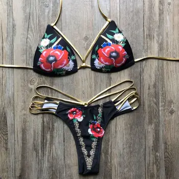 

2019 Women Vintage Floral Printed Push-Up Swimwear Bikini Set 2Pcs Lady Sexy Halter Padded Bra Female Swimsuit Bathing Suit
