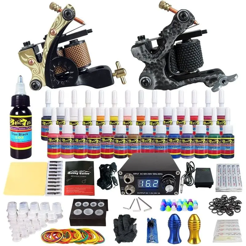 

Complete Tattoo Kit 2 Machine Gun Power Supply Foot Pedal Needle Grips 28 Inks New High Quality Tattoo kit