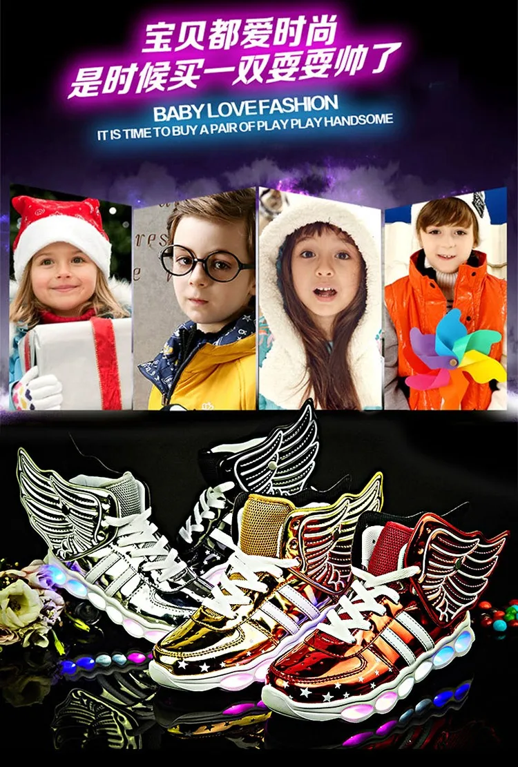 Meninas de Carregamento Crianças Sapatos Luminosa Meninos Usb Esporte Casuais Asa Brilhantes Tênis Luz Led 6 meninas de carregamento usb esporte sapatos casuais