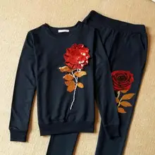 Женская мода вышивка с длинным рукавом розовый спортивный костюм с капюшоном толстовка с капюшоном повседневные размера плюс