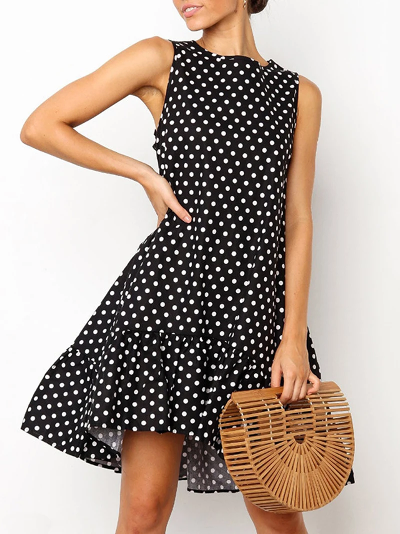 Women's Amazing O-Neck Ruffles Dot Printed Sleeveless Dress-Model5