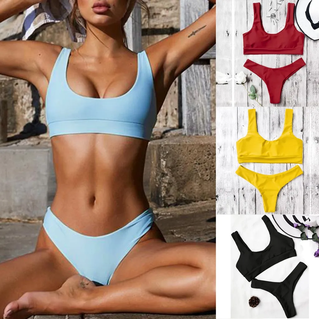 

2XL Solid Sexy Swimming Suit For Women High Quality Two-Piece Swimsuit Fashion Swimwear 2019 Micro Bikini Set Plus Size #W
