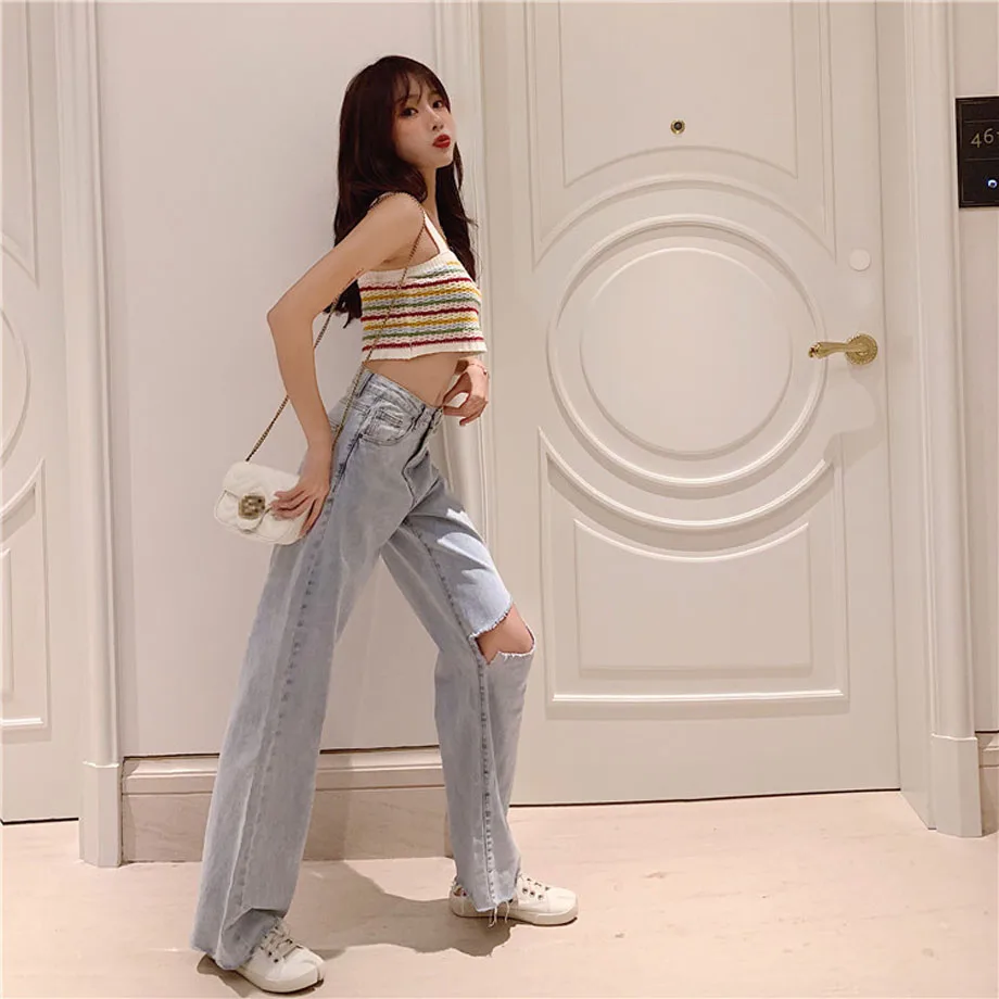 

Ladies trouser jeans woman 2019 summer ripped jeans for women loose denim wide leg streetwear high waisted jeans women clothes