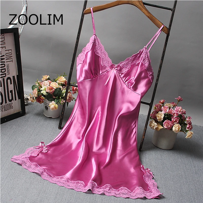 

ZOOLIM Women Nightgowns Sleeping Shirt Sexy Lace Spaghetti Strap Silk Nightdress Plus Size M-2XL Nightwear Nightshirts