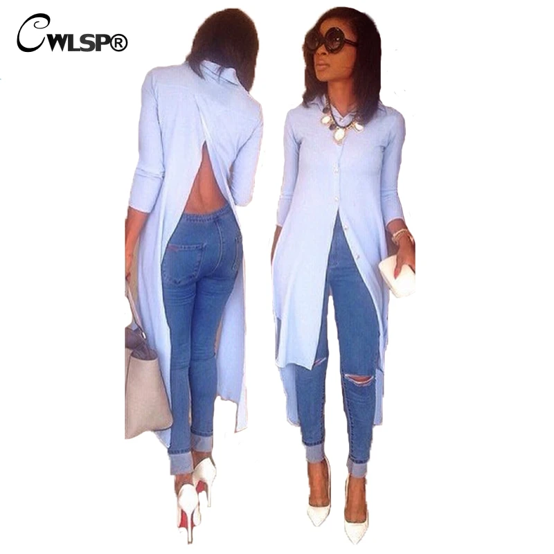 

CWLSP 2018 Autumn Backless Dovetail Blouse Shirt Womens Irregular Long Sleeve Turn-down Collar Shirts Femme Tops QZ1917