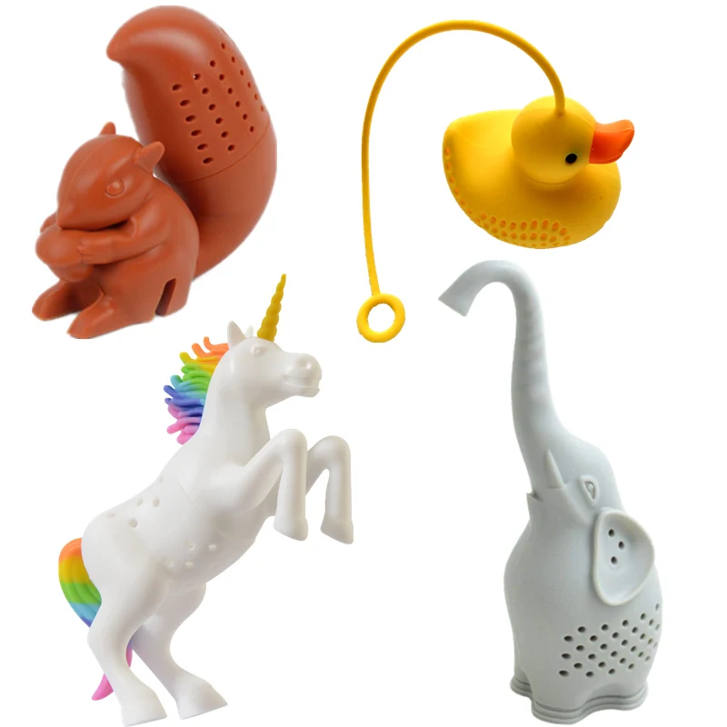 

MOFUNYO Tea Infuser Set of 4 -The Cute Loose Leaf Silicone Tea Steeper Strainer Infuser-Includes Unicorn Squirrel Duck Elephant