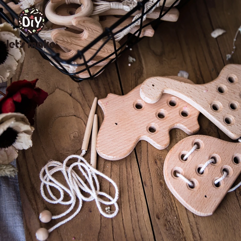 Let's Make Wooden Teether Lacing Animal Toys Educational Monterssori Toys Toddler Acticity Natural Eco Friendly Baby Teether