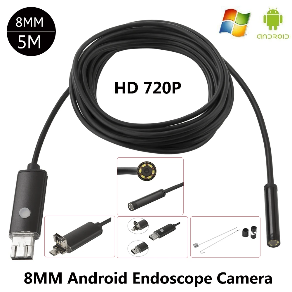 

JCWHCAM 8MM Lens Android USB Endoscope 5M 6LEDs Inspection OTG Borescope Endoscop Waterproof Mini Camera For Android PC