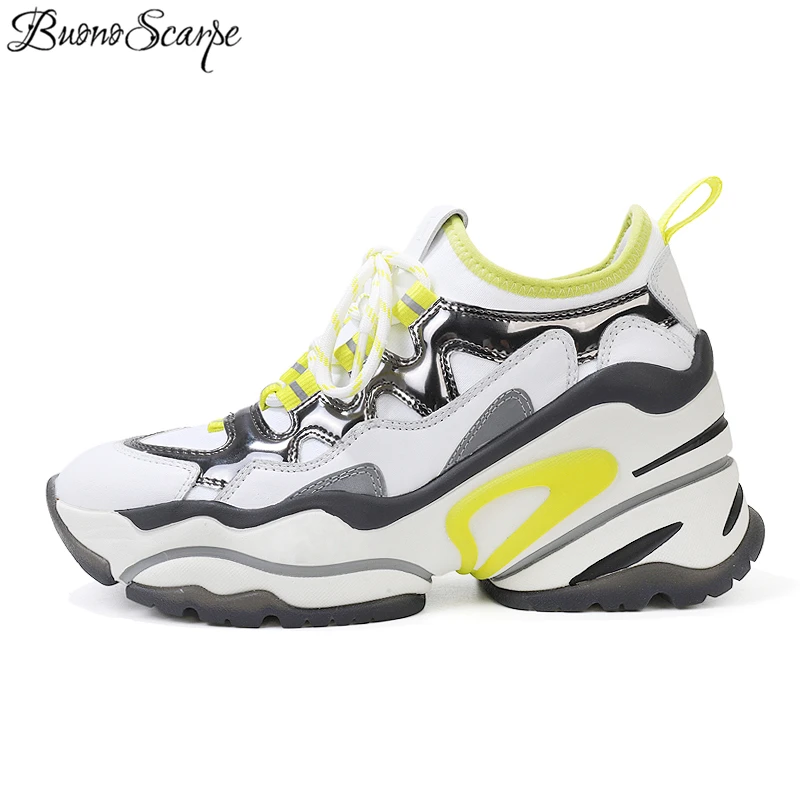 

Thick Bottom Sports Shoes 2019 New Mixed Color Casual Sneakers Platform Genuine Leather Sneakers Women's Socks Shoes Laces Shoes