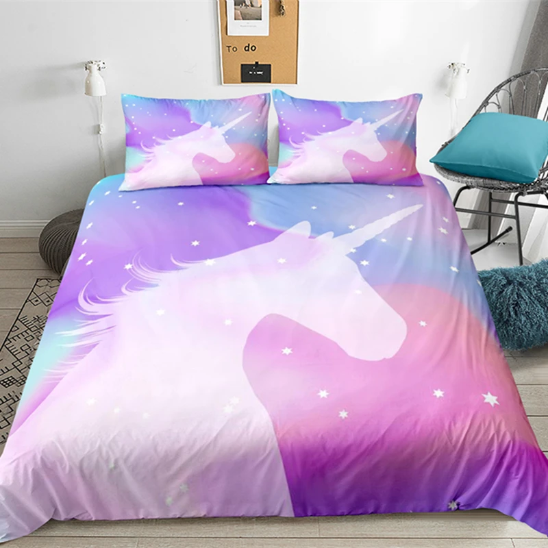 

Yi Chu Xin Galaxy cartoon 3d Unicorn Bedding set single size Kids Unicorn Duvet Cover Set Bed Set Microfiber Fabric