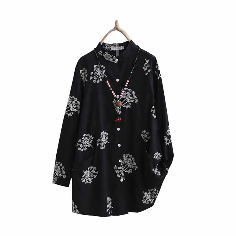 

Plus size Cotton shirt top women 2019 Spring summer Long sleeve embroidery Blouse Casual tops female stand-up collar shirts G141
