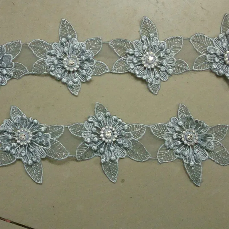 

1 yard blue 3D Polyester Flowers Embroidered African Lace Trim Ribbon Fabric Handmade Sewing Craft For Costume DIY Decoration