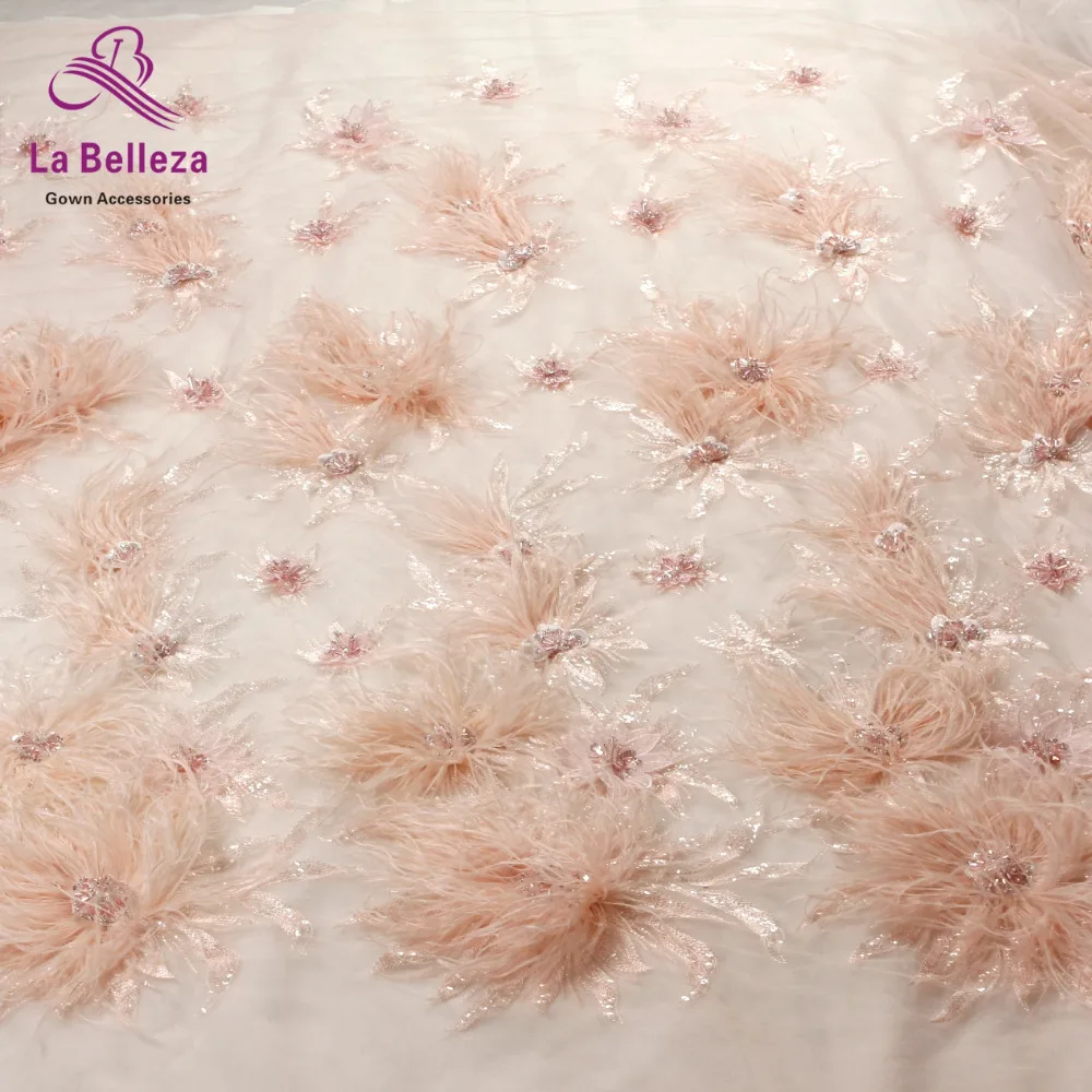 1yard New fashion style pink off white heavy handmade beads and Feathers on netting embroidery wedding dress party lace fabric