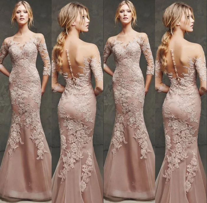 Retro Style Vestidos Transparent Neck Half Sleeve Mermaid Floor Length Flower Appliques Tulle Back With Buttons Evening Dresses | Свадьбы и