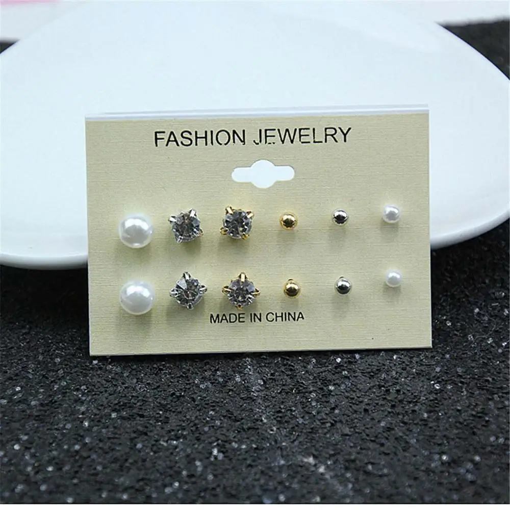 Fashion 6 pair/set Women Round Crystal Stud Earrings for Women Cubic Zircon Piercing Earrings for Girls Jewelry Gift jn0462 - Окраска металла: Покрытие из розового золота