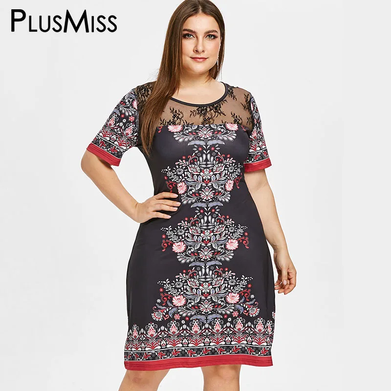 

PlusMiss Plus Size XXXXXL Lace Mesh Printed Ethnic Vintage Dress Women Clothing Summer XXXXL XXXL Short Sleeve Dresses Big Size