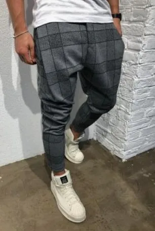 Мужские узкие обтягивающие брюки с плоской передней частью, клетчатые мужские Модные Узкие прямые брюки, повседневные брюки-карандаш, грузовик для бега - Цвет: gray