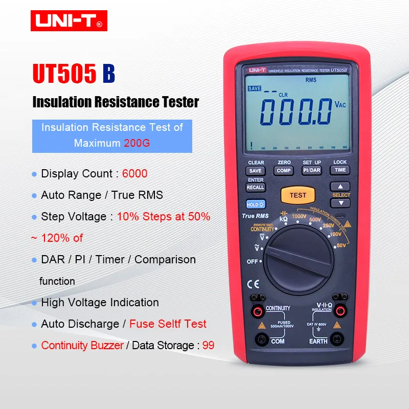 

UNI-T UT505B 1000V 200Gohm Handheld Insulation Resistance Tester True RMS Insulation Resistance Multimeter Megohmmeter