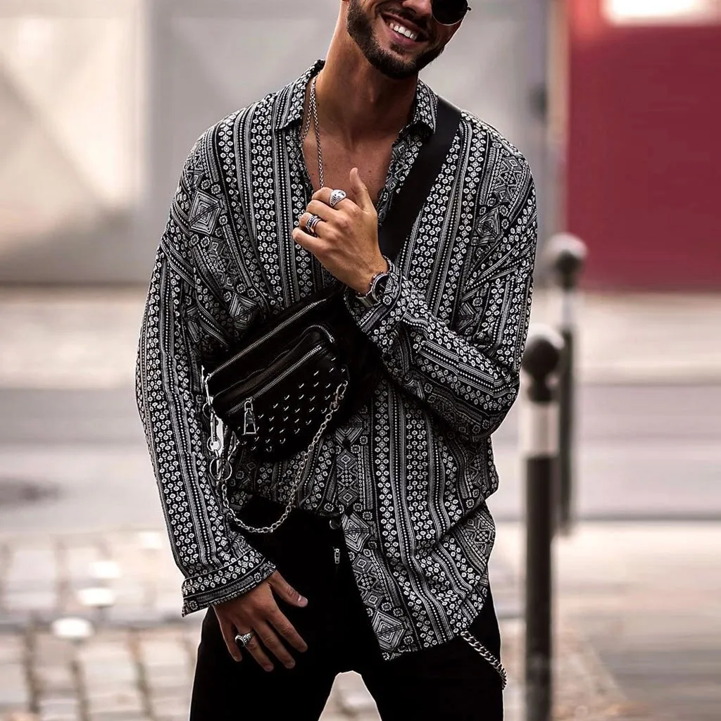 

Men's Korean Harajuku Streetwear Baggy Beach Print Casual Loose Couple Shirt Male Long Sleeve Button Trun-down Collar T Shirts