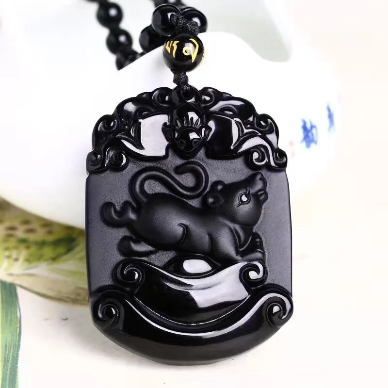 

Natural Black Obsidian Pendant Carved Mouse Chinese Zodiac Patron Saint Buddha Pendants Lucky Pendants Necklace Amulet Jewelry