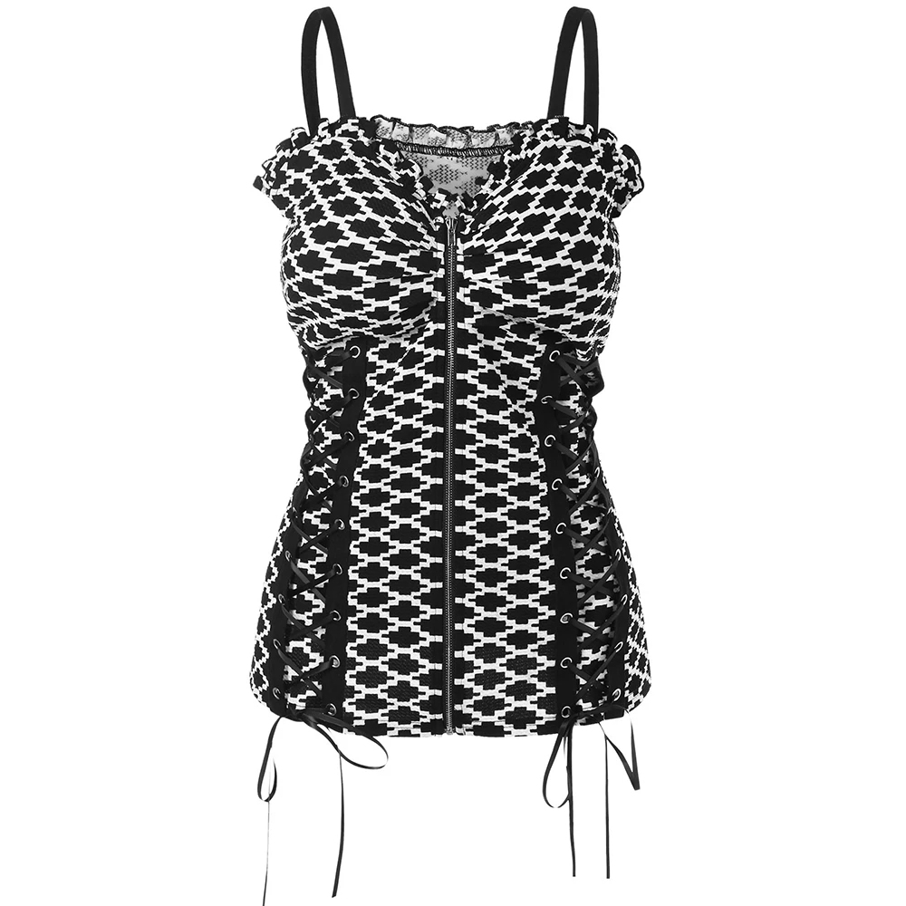 Sexy Argyle Lace Up Corset Tank Top Women Spaghetti Strap Sleeveless Camis Tops Female Plaid with Ribbons Zippers Shorts | Женская