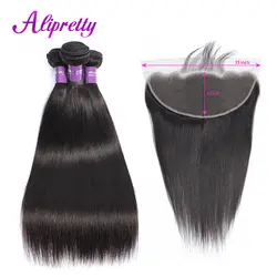 Alipretty прямые волосы 3 Связки с 13*6 фронтальной 4 шт./лот малазийские человеческие волосы Weave Связки с фронтальным закрытием не Реми