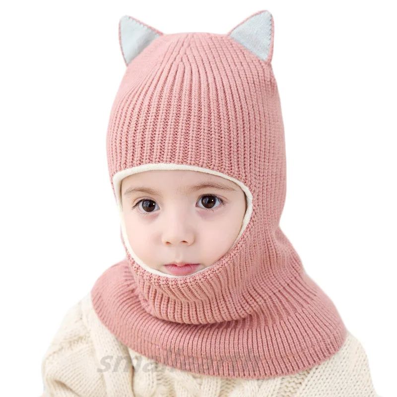 Осенне-зимние детские шапки, помпон, шапка для детей, плотные шапочки, шапка для мальчиков и девочек, теплая шерстяная шапка с капюшоном, Детские шарфы, шапочки для малышей - Цвет: pink