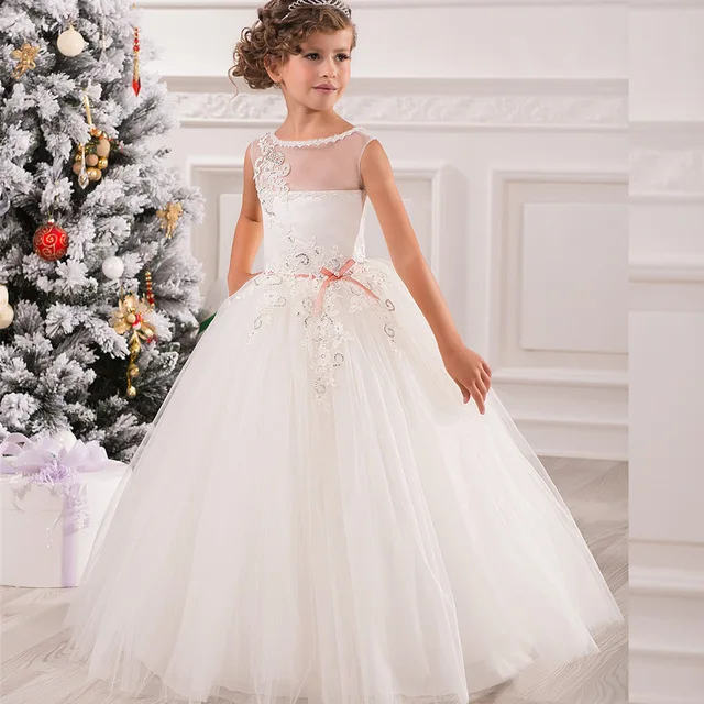 Best price at $107 Cheap Custom Make Little Girls' Dresses Sheer Crew Neckline Lace Appliques Beading Sequins Tulle Ball Gown Little Flower Girls' Dress