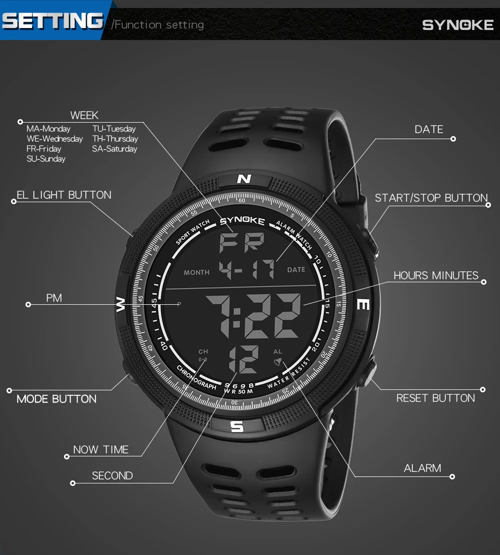 Бренд Synoke, мужские часы, светодиодный, цифровые часы, мужские наручные часы, черный, будильник, 50 м, водонепроницаемые, спортивные часы для мужчин, Relogio Masculino