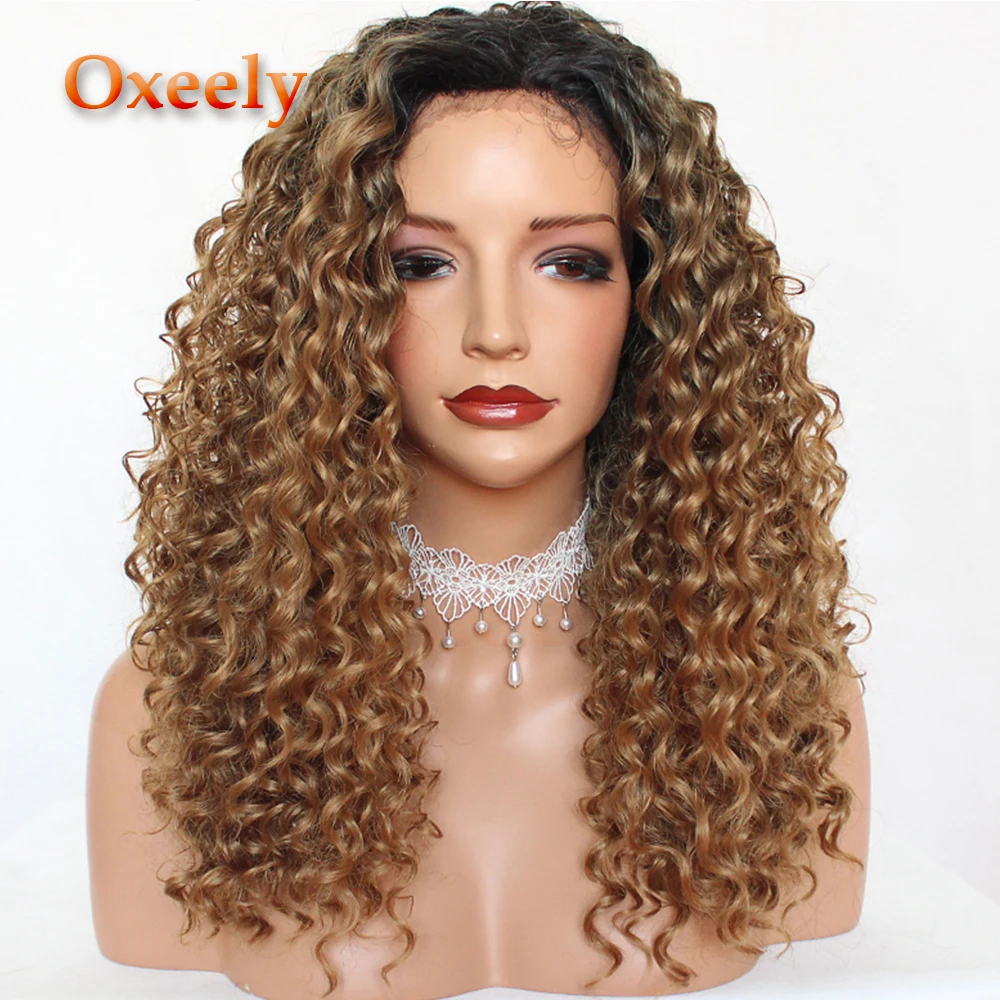 Oxeely Blonde Curly Hair Synthetic Lace Front Wigs Ombre Brown