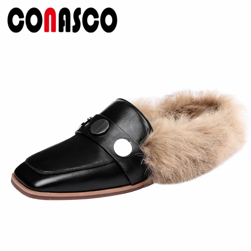 

CONASCO New Women Low Heels Genuine Leather Pumps Rivets Sexy Square Toe Autumn Casual Shoes Woman Female Party Wedding Pumps