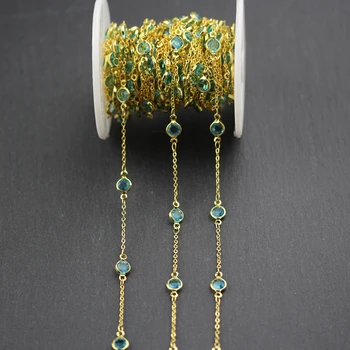 

6mm,5 Meters,Clear Blue Glass Chains with Wire Wrapped Golden Plated Links,Faceted Round Coin Shape Beads Necklace