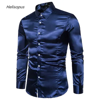 

Helisopus Men's Casual Solid Color Shirt Fashion Satin Long Sleeve Lapel Slim Fit Shirts Club Party Prom Tuxedo