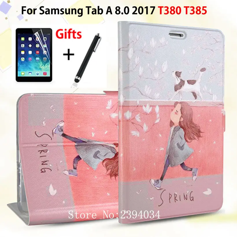 Тонкий Модный чехол из искусственной кожи для samsung Galaxy Tab A 8,0 SM-T380 T385 8,", умный чехол, чехол-подставка для планшета+ пленка+ ручка