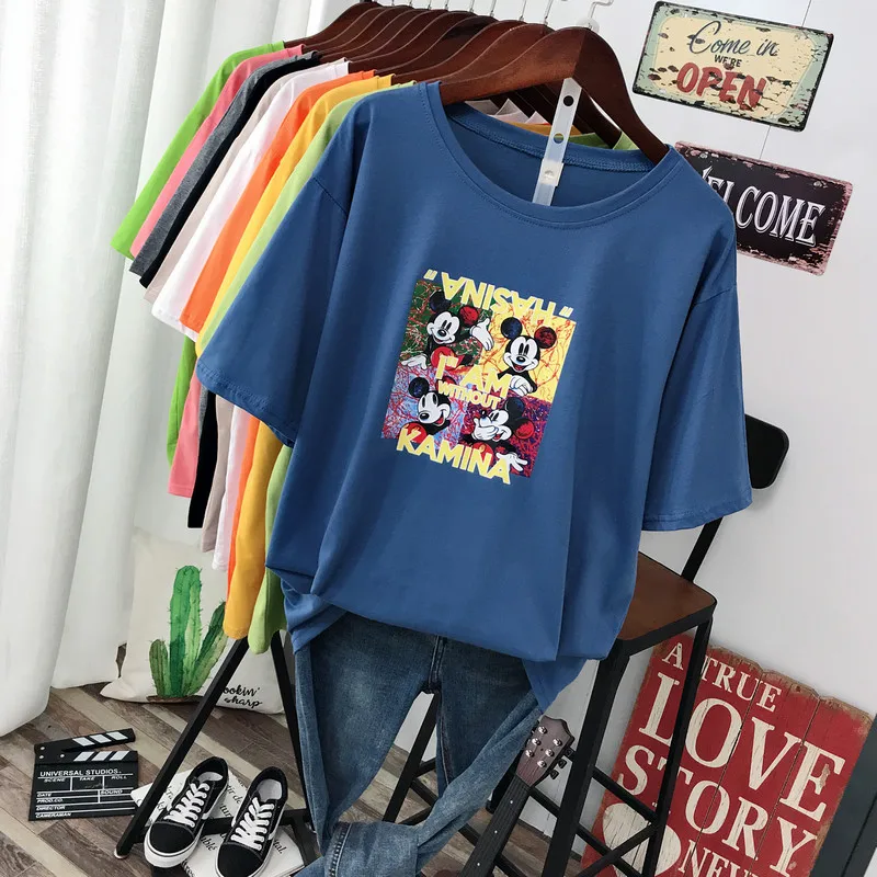 Летняя мультяшная Минни футболка с Микки-Маусом, женские хлопковые милые топы с коротким рукавом и принтом, женские футболки размера плюс, свободная футболка