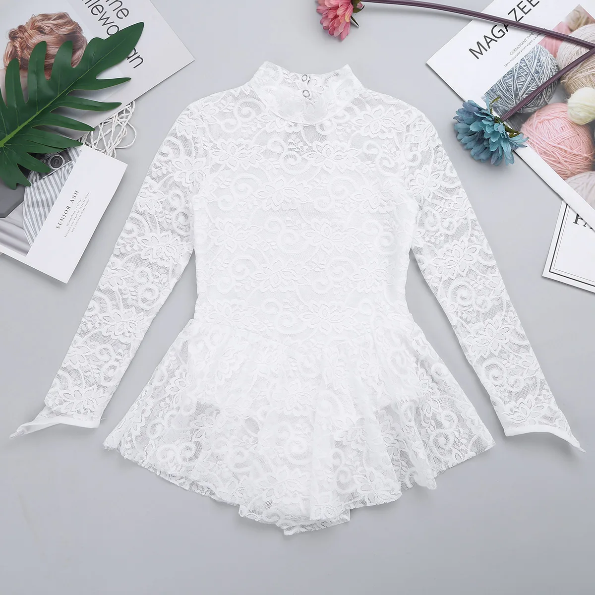

Flower Girls Formal Dress Mock Neck Floral Lace Figure Ice Skating Roller Skating Ballet Dance Leotard Kids Birthday Party Dress