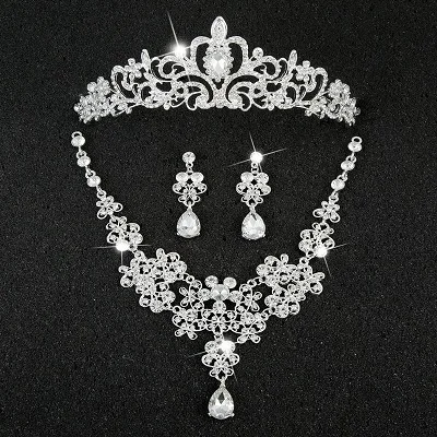 Hot Sale Sliver Plated Rhinestone Crystal Necklace+Earrings+Tiara 3pcs Jewelry Set For Bride Bridal Wedding Accessories (25)