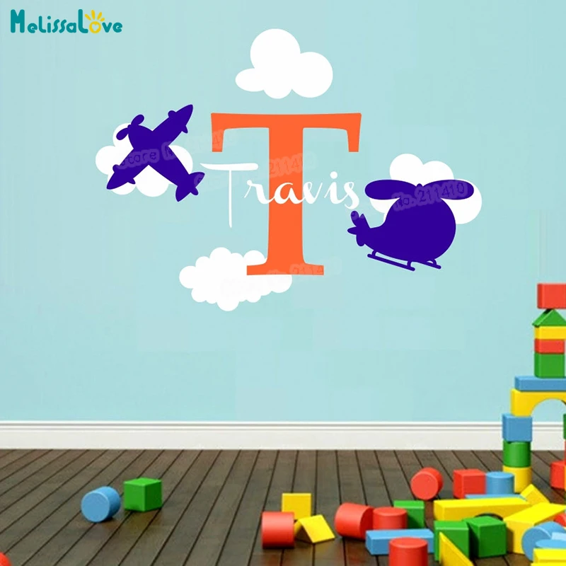 

Airplane and Clouds Set Vinyl Decals with Personalized Name Wall Sticker Decor For Kids Baby Room Nursery Removable Murals YY986