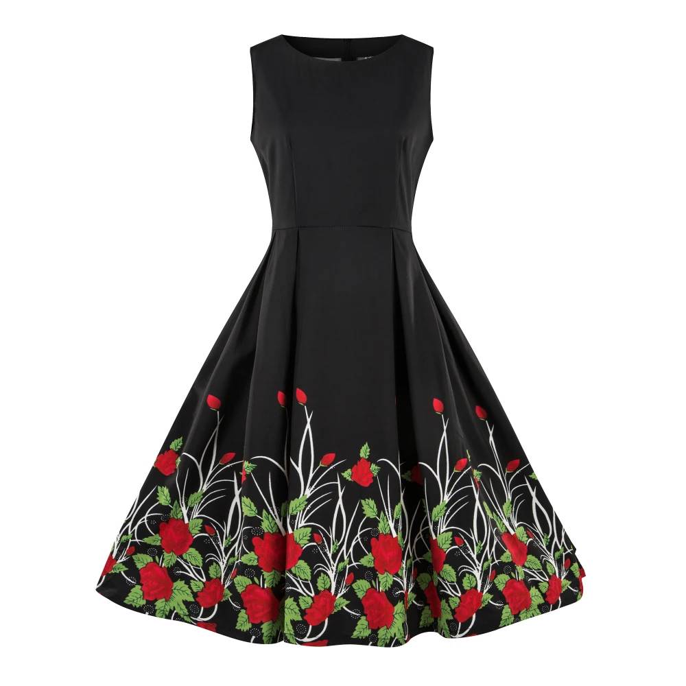 

Joineles Plus Size 4xl Women Retro Dress Round Neck Sleeveless High Waist Summer Floral Vintage Dress 60s Robe Party Vestidos