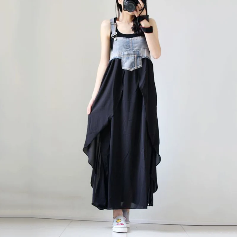 

New Fashion Summer Racer Back Womens Casual Denim Splice Chiffon Maxi Long Dress