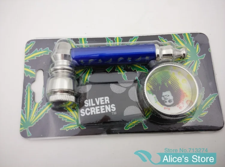 

Free shipping 6sets/lot Fashion Metal smoking weed pipes With Lid + mini grinder+5 screens+retail package 4colors H023