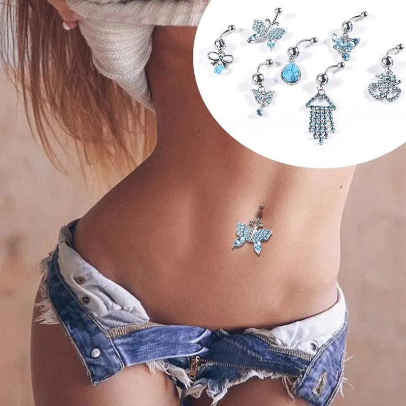 

7pcs/set Sexy Navel Rings For Women Surgical Steel Cute Butterfly Crystal Navel Bars Belly Button Ring Piercing Body Jewelry
